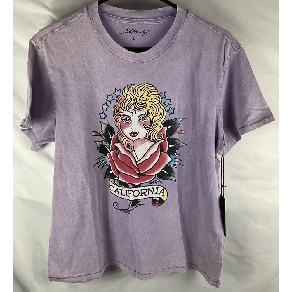 Ed‎ Hardy California Rose Pin Up Women's Large Purple T Shirt Tattoo Y2K